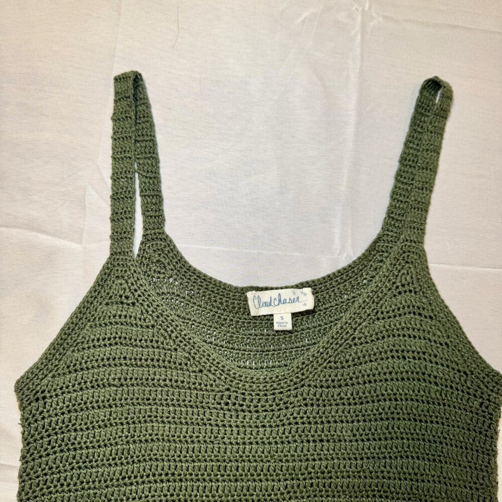 Olive Green Crochet Fringe Hem Tank Top Boho Festival Knit Women's Small Indie - Picture 7 of 11